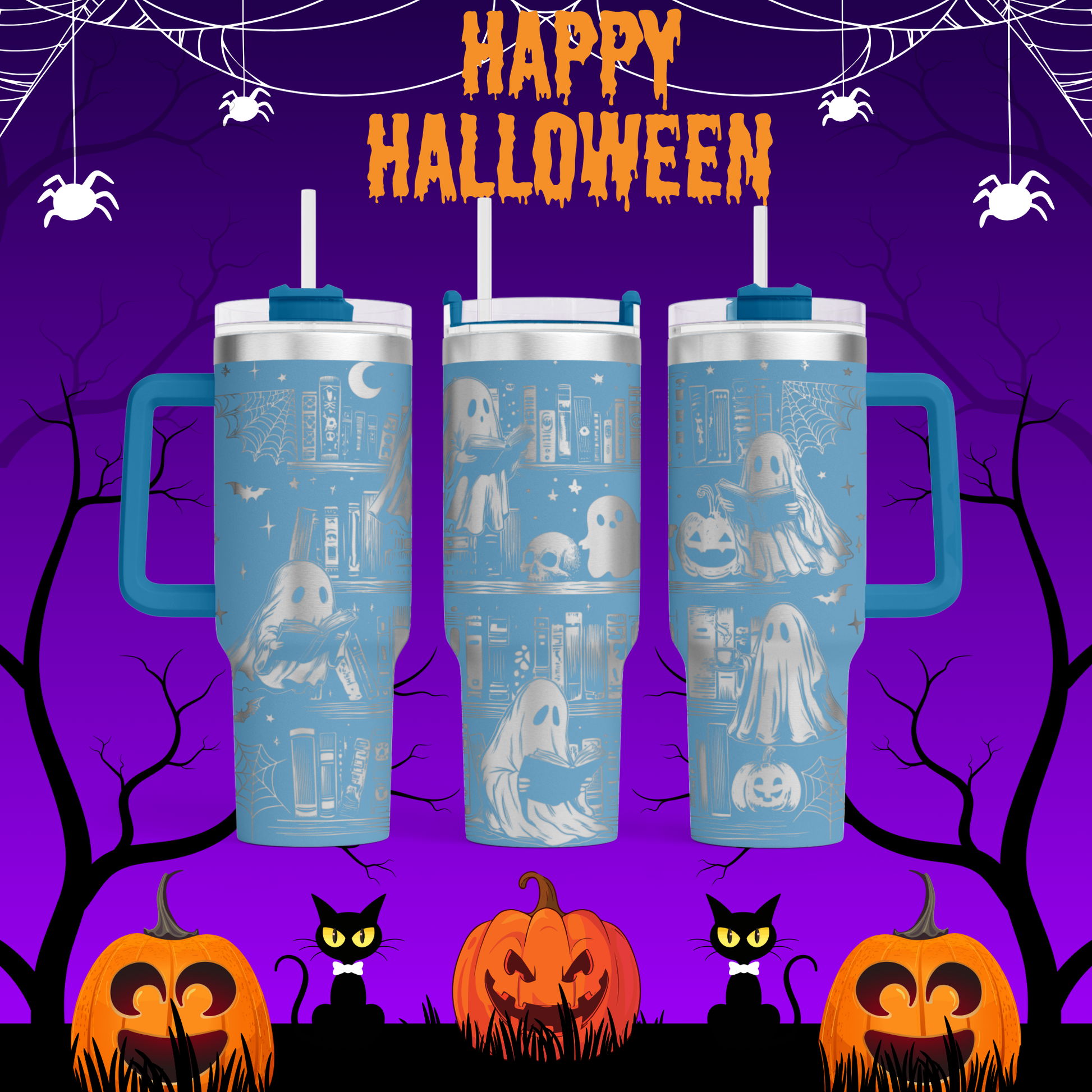 A Halloween-themed image featuring three blue tumblers with ghost and pumpkin designs, along with black cats, pumpkins, and spider web decorations against a purple background.