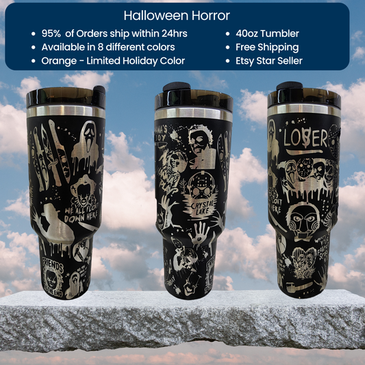 Halloween Horror Characters Themed Engraved 40oz Tumbler | Custom Insulated Travel Mug | Spooky Horror Lover Gift