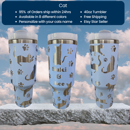 Cat Themed Personalized Engraved 40oz Tumbler with Cat’s Name | Custom Insulated Travel Mug | Unique Pet Lover Gift