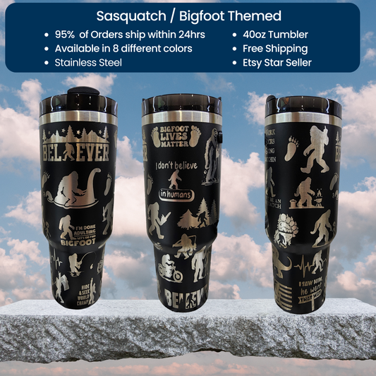 Bigfoot Sasquatch Themed Engraved 40oz Tumbler with Funny Quote | Custom Insulated Travel Mug | Unique Sasquatch Lover Gift