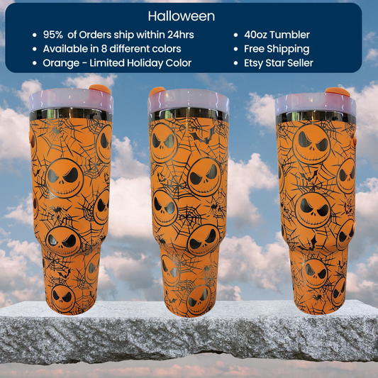 Halloween Horror Pumpkin Face Themed Engraved 40oz Tumbler | Spooky Halloween Gift