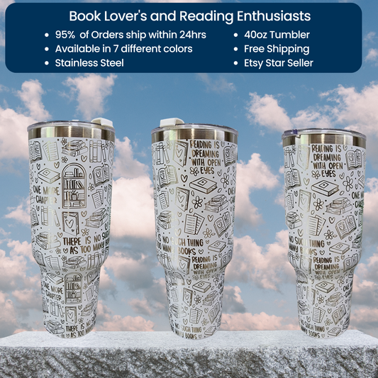 40oz Laser Engraved Book Lover's Tumbler - Personalized Gift for Reading Enthusiasts - Custom Name Option