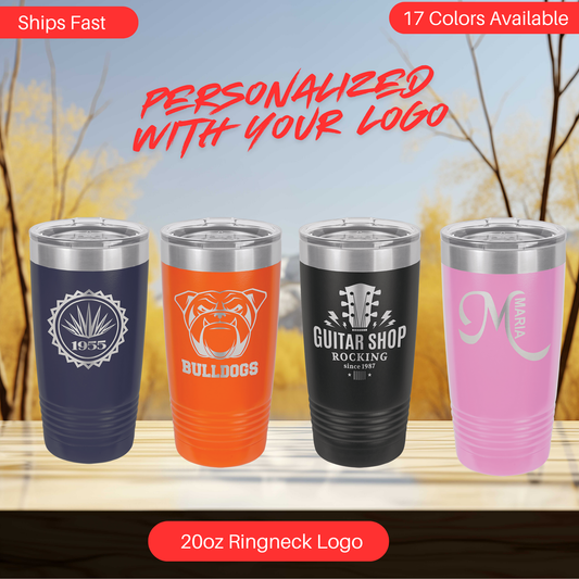 a group of three different colored tumblers sitting on top of a wooden table