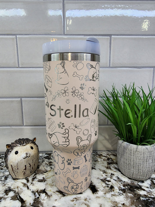 40oz Laser Engraved French Bulldog Tumbler , Personalized With Pups name
