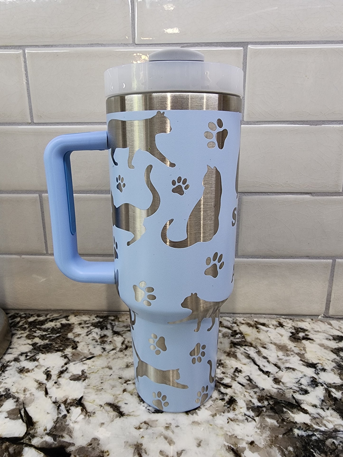 Cat Themed Personalized Engraved 40oz Tumbler with Cat’s Name | Custom Insulated Travel Mug | Unique Pet Lover Gift