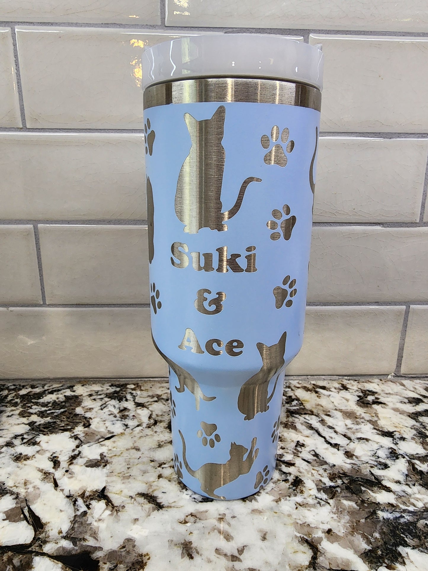 Cat Themed Personalized Engraved 40oz Tumbler with Cat’s Name | Custom Insulated Travel Mug | Unique Pet Lover Gift