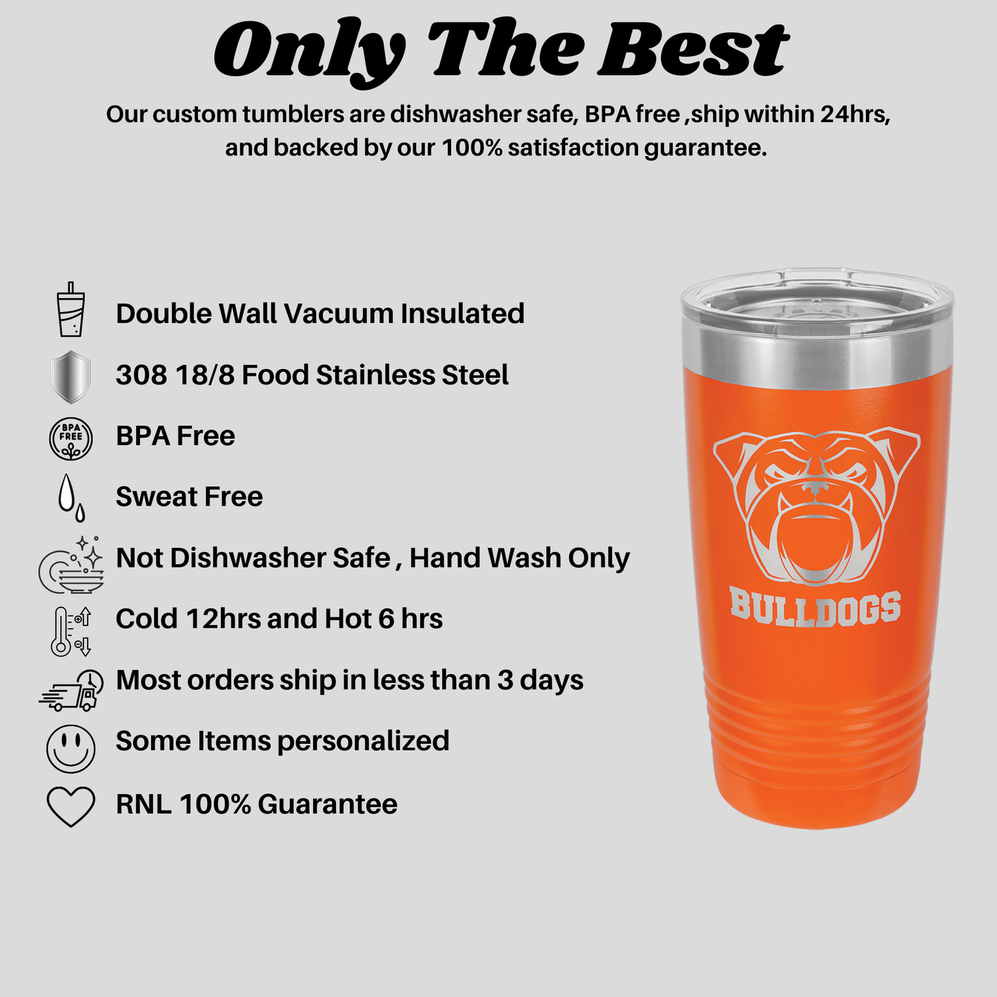 an orange tumbler cup with bulldog's on it