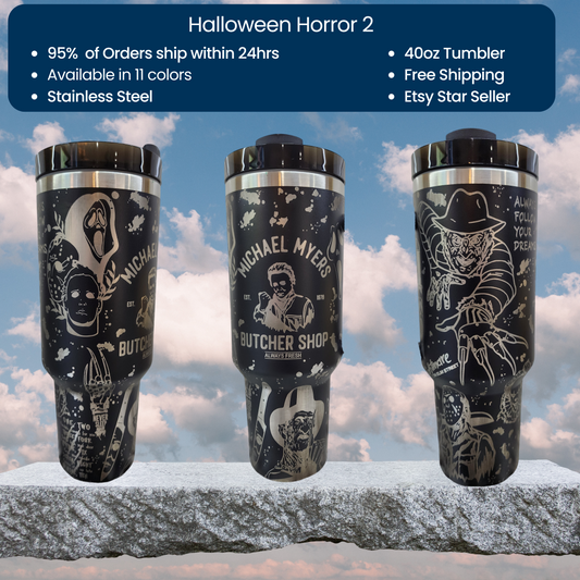 three black tumblers with different designs on them