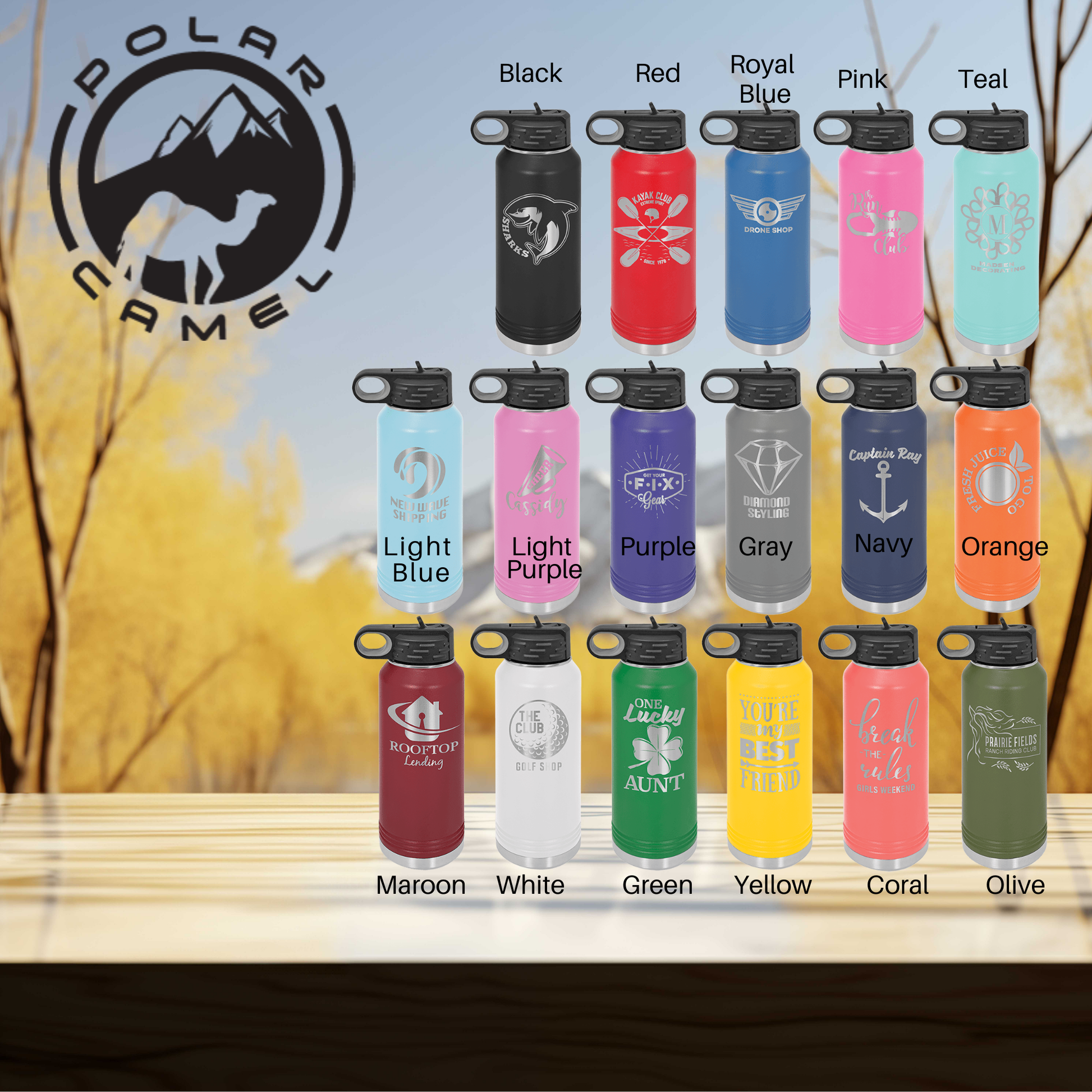 a group of water bottles sitting on top of a wooden table