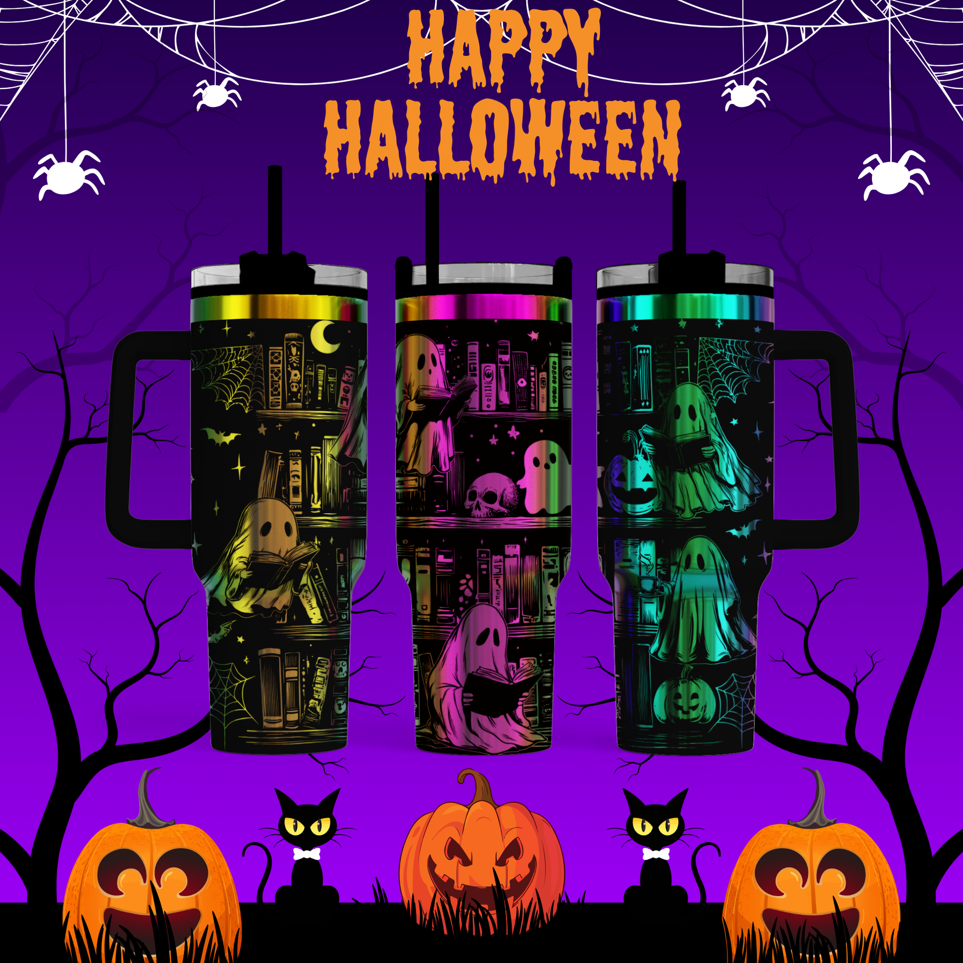 The image is a Halloween-themed collage featuring three colorful tumblers with Halloween-themed designs, including bats, pumpkins, and cats. The background is a dark purple color with spider web motifs and bats. The text "HAPPY HALLOWEEN" is displayed above the tumblers.