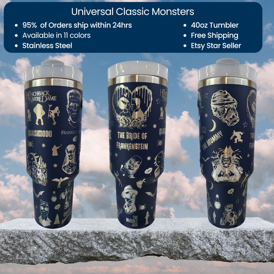 three travel mugs with different designs on them