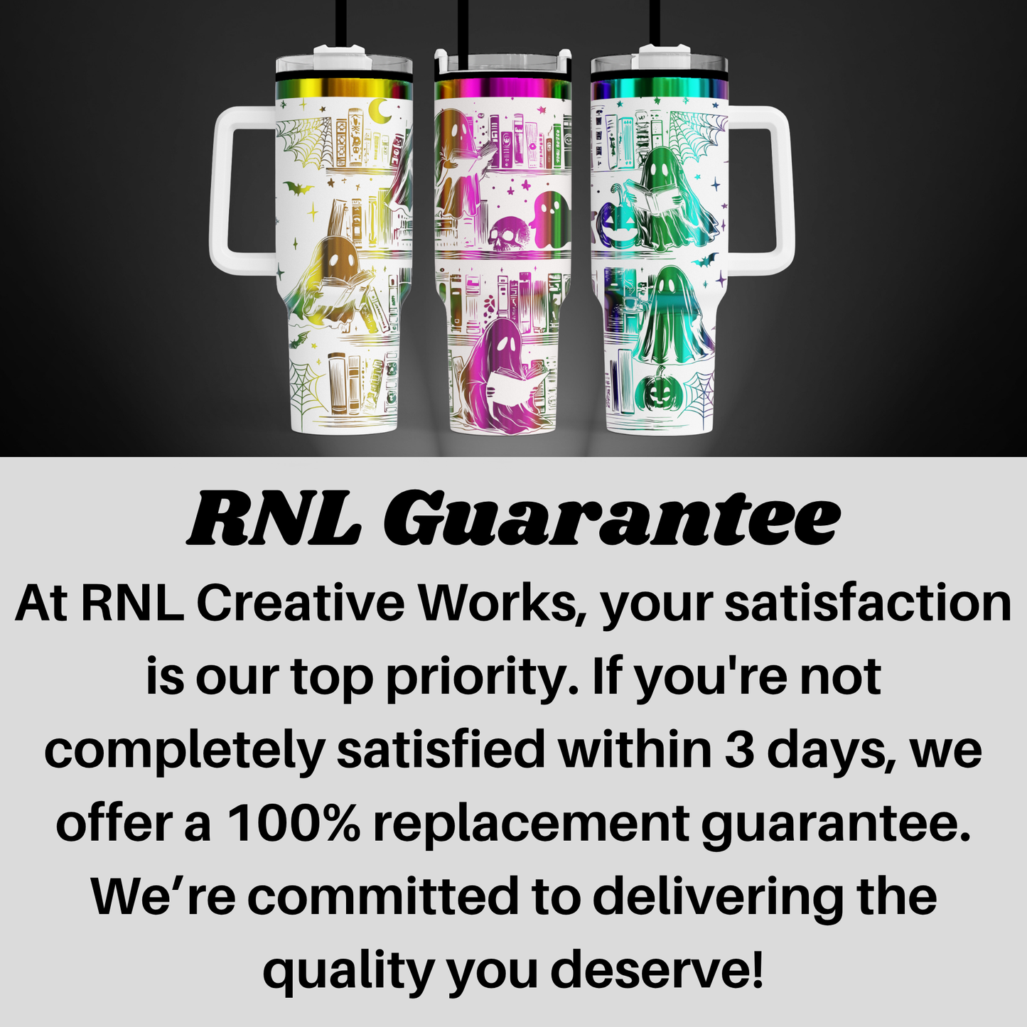 three colorful, patterned tumblers with handles, arranged in a row against a dark background.