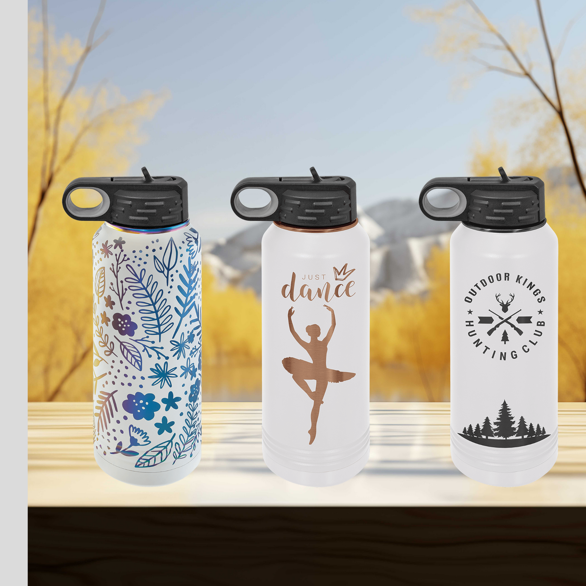 three different styles of water bottles on a table