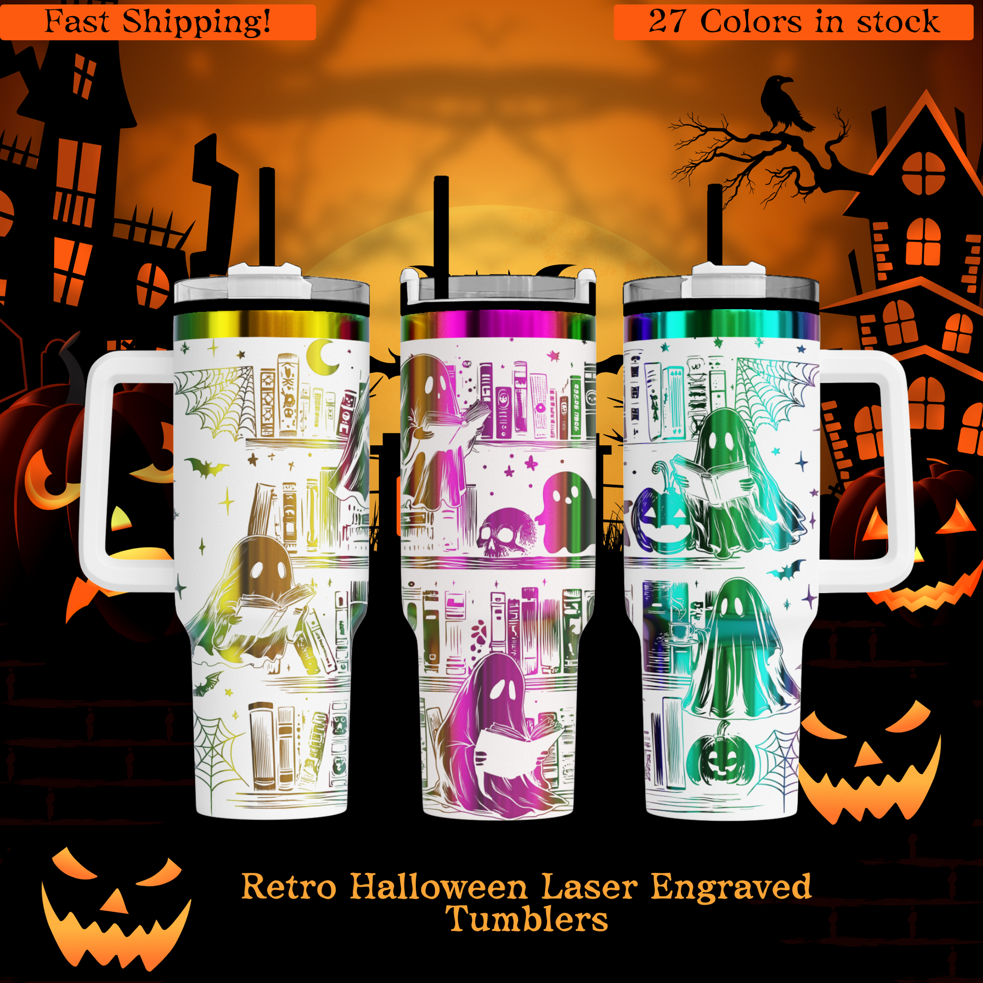 three retro Halloween-themed tumblers with various spooky and ghost-like designs, including bats, pumpkins, and cobwebs. The tumblers are in different colors, and the background has a Halloween-themed illustration.
