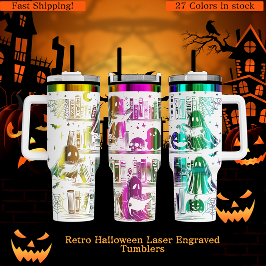 three retro Halloween-themed tumblers with various spooky and ghost-like designs, including bats, pumpkins, and cobwebs. The tumblers are in different colors, and the background has a Halloween-themed illustration.