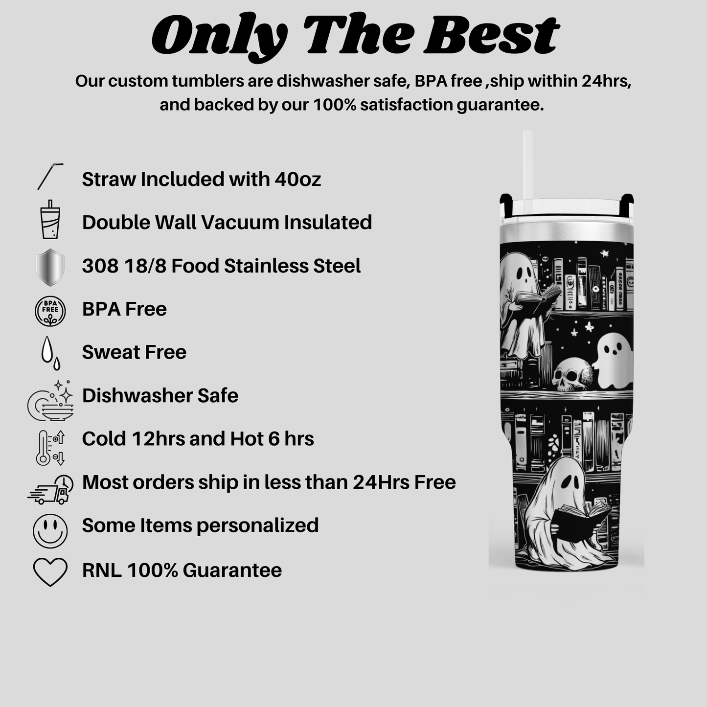 a black and white image of a tumbler with a ghost design, along with various descriptions of the tumbler's features, such as its safety, material, and shipping options.