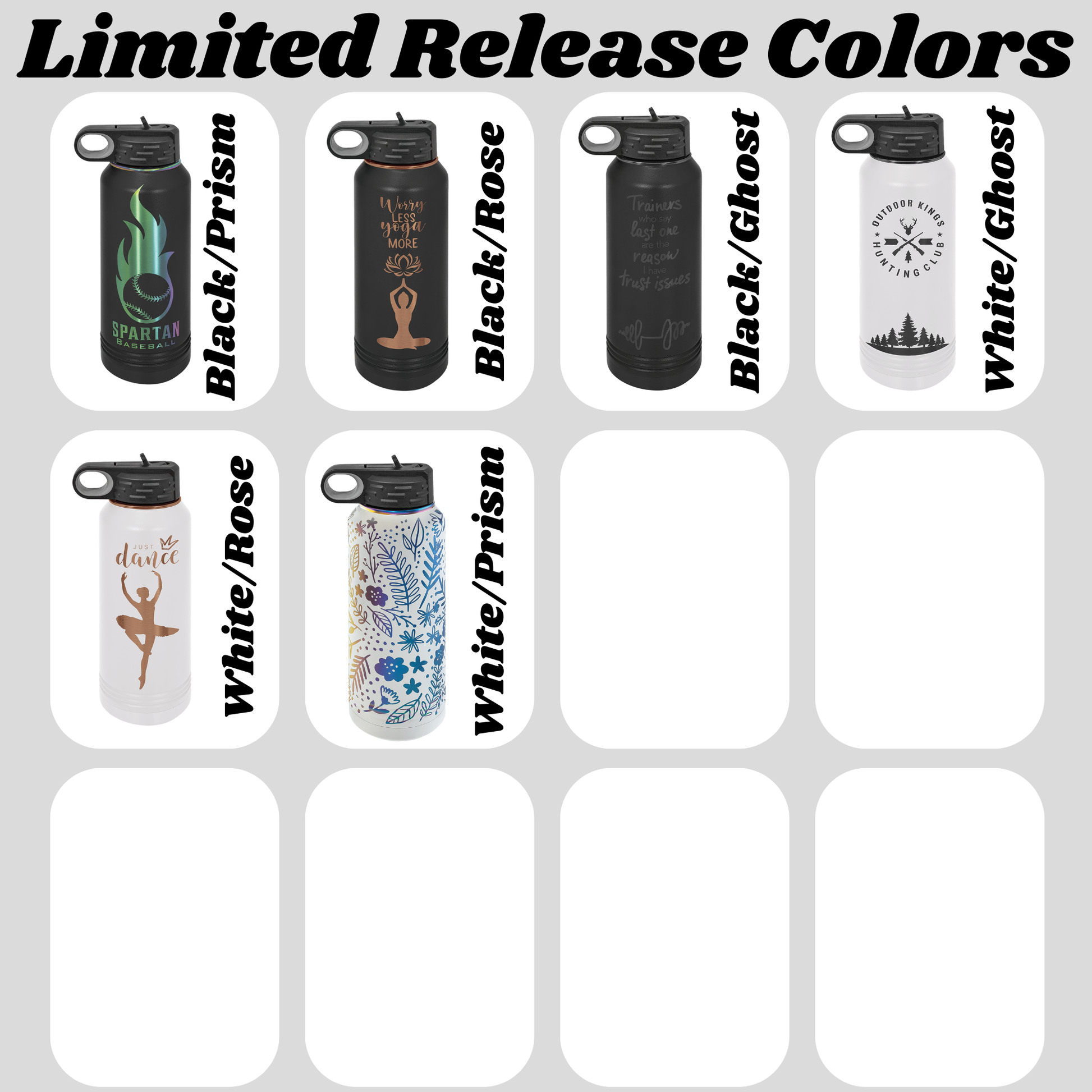 a set of six water bottles with the names of each of them