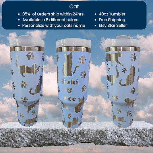 Cat Themed Personalized Engraved 40oz Tumbler with Cat’s Name | Custom Insulated Travel Mug | Unique Pet Lover Gift