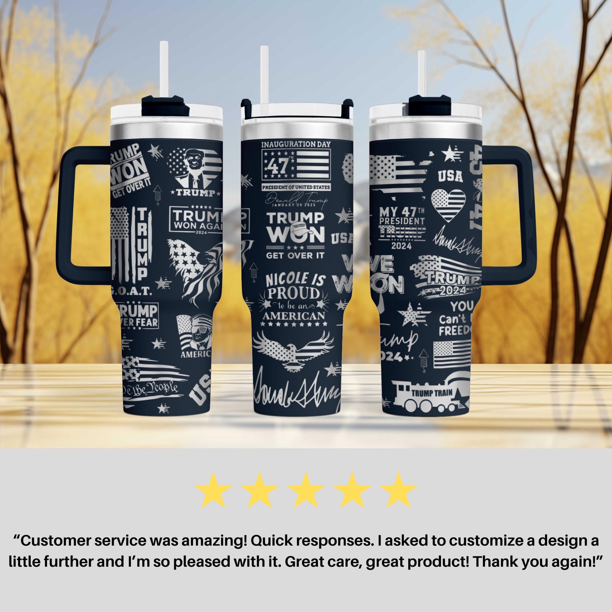 a couple of travel mugs sitting on top of a table