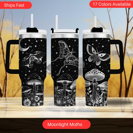 Moonlight Moths Tumbler - Engraved 40oz Enchanted Night Edition - Unique Gift for Nature Lovers & Outdoor Enthusiasts