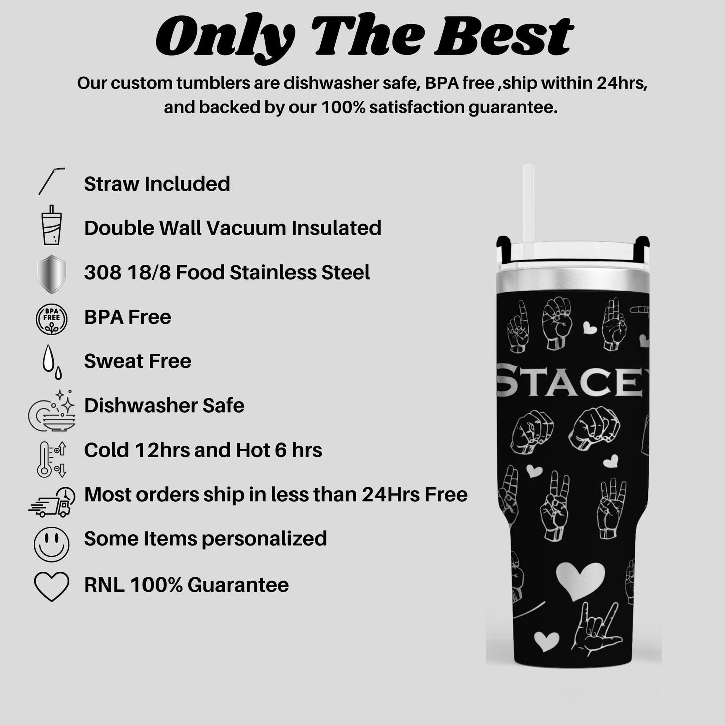 ASL Deaf Culture Insulated engraved Tumbler - Personalized with name 40oz Drinkware for Deaf Awareness & Gifts