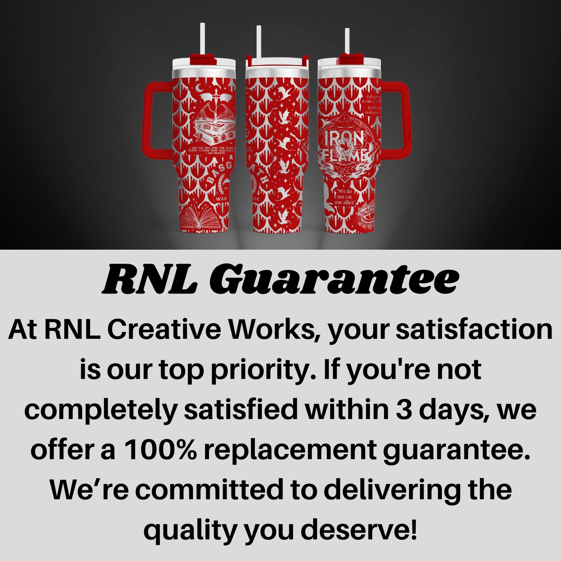 three red mugs with the words rni guarantee