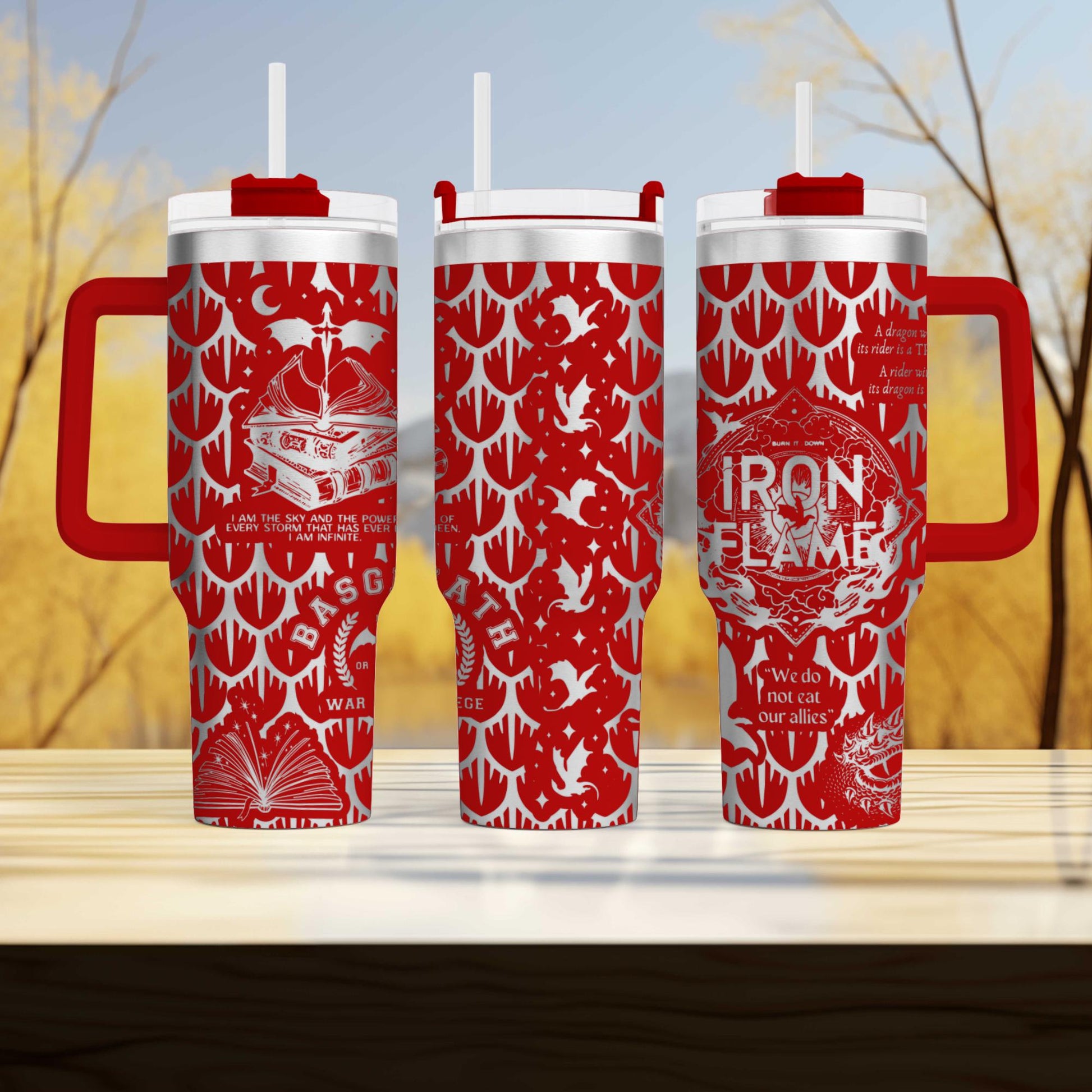 a couple of red cups sitting on top of a wooden table