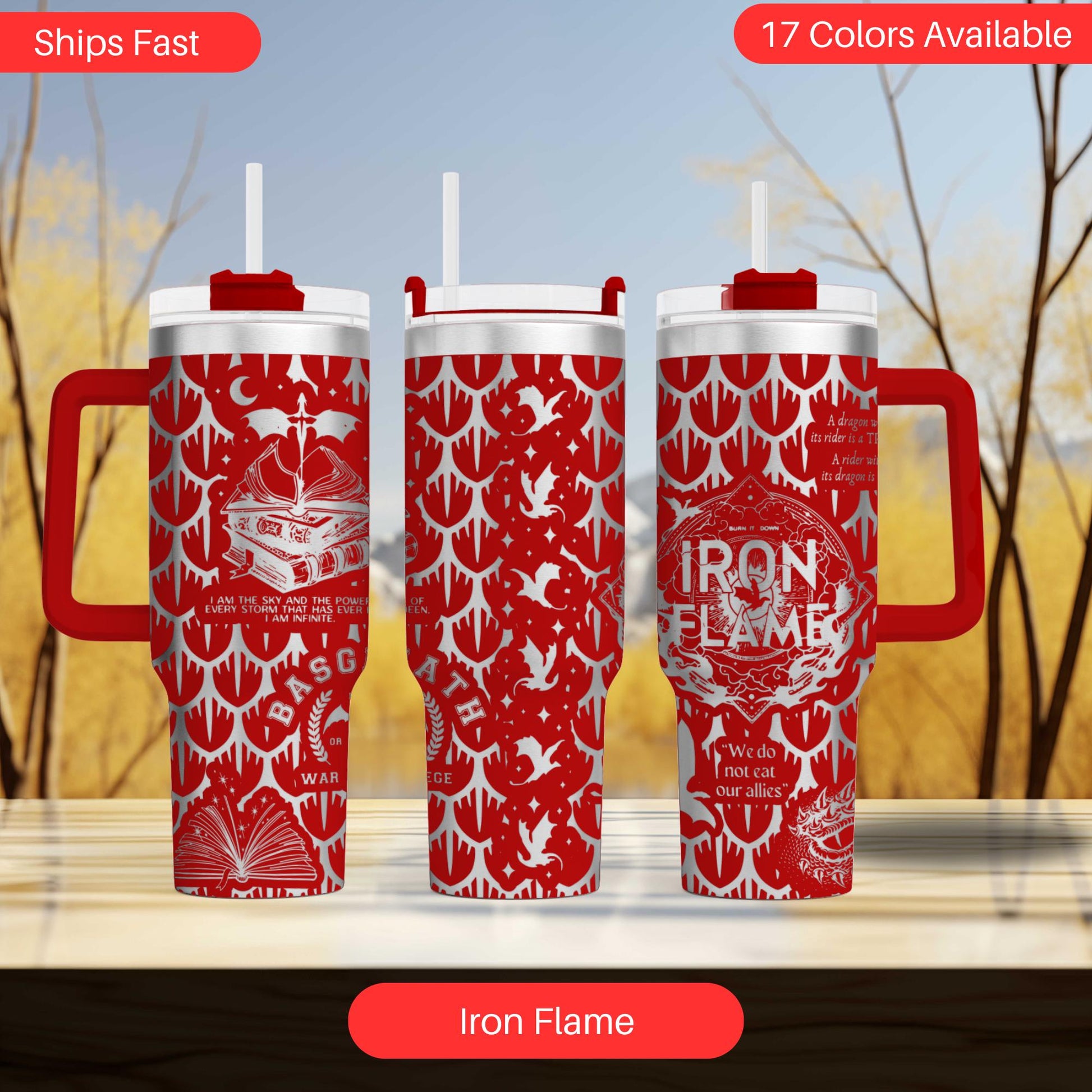 three red and white coffee mugs sitting on top of a table