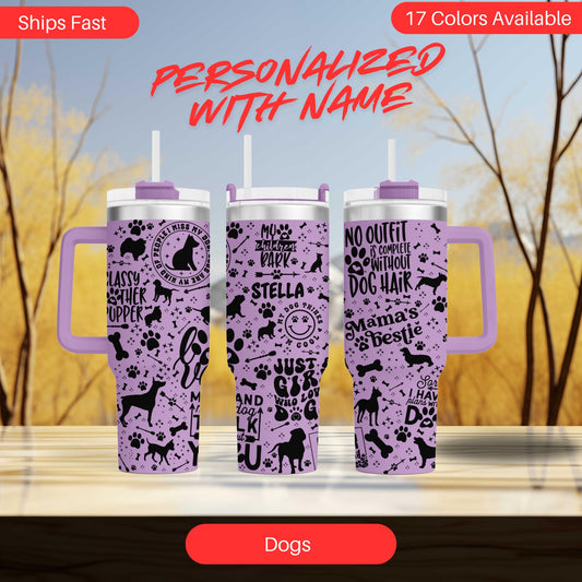 three purple tumblers with black and white dogs on them