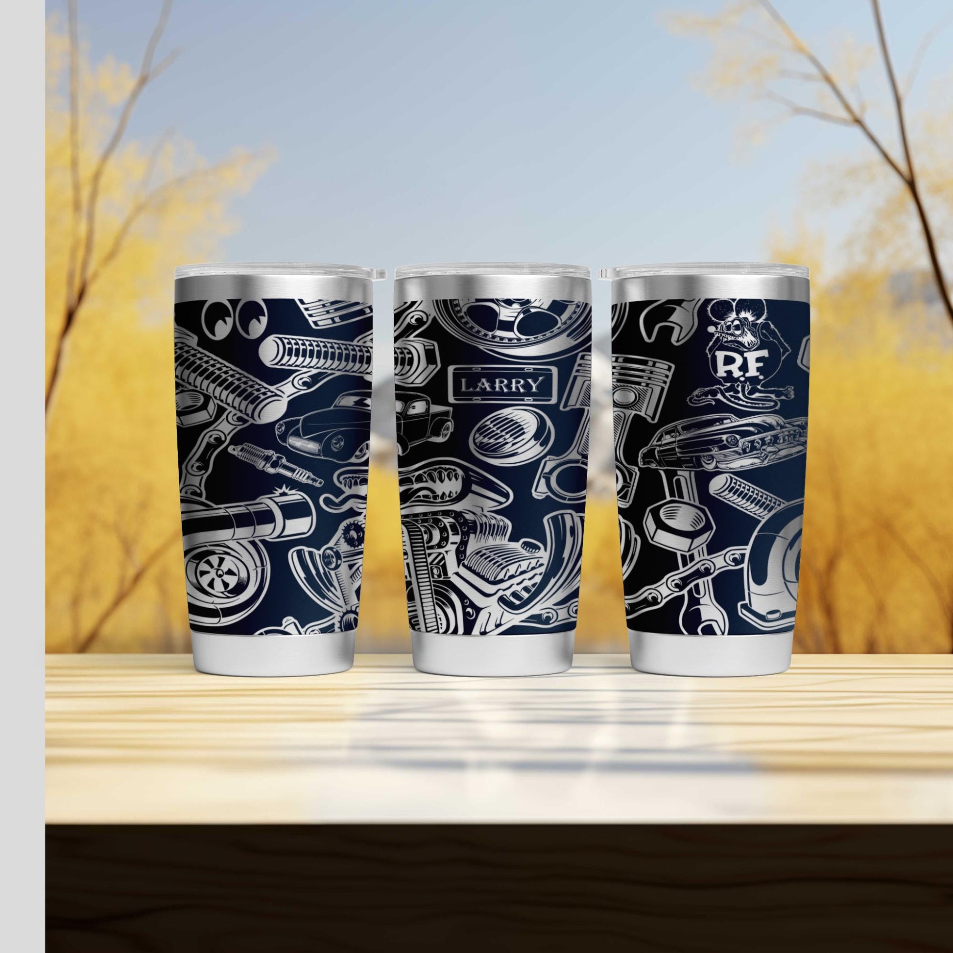 three cups sitting on top of a wooden table