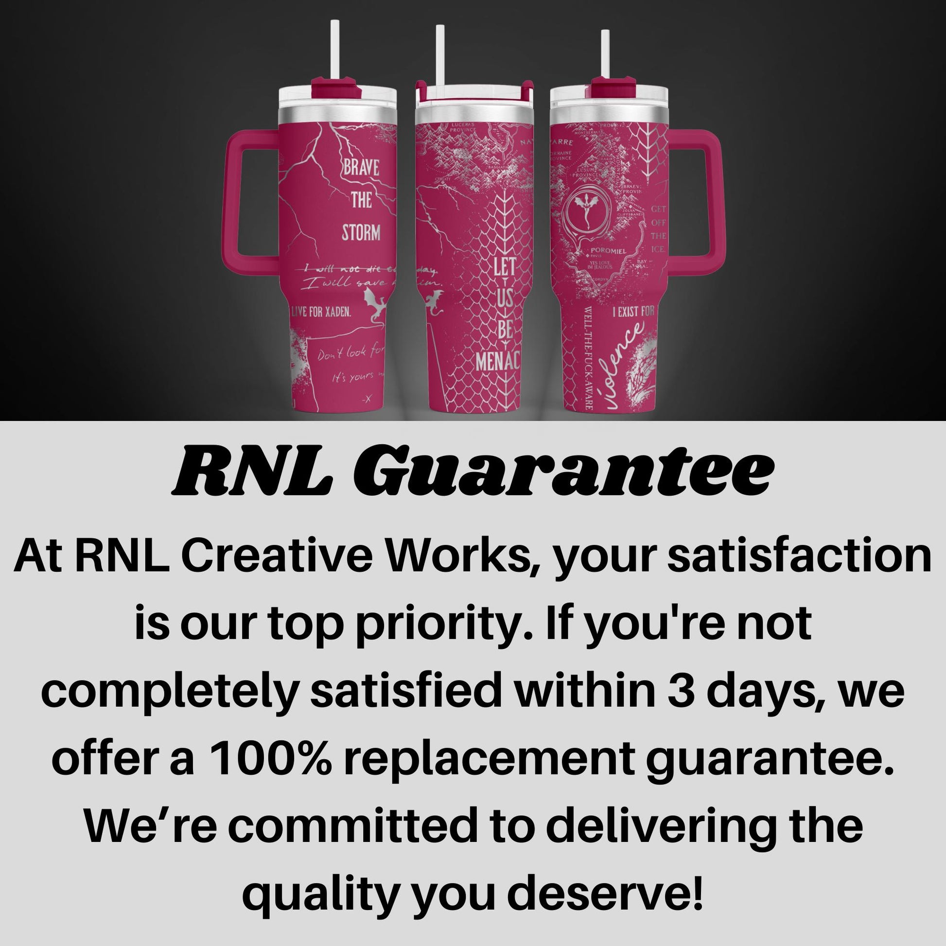 three pink mugs with the words rni guarantee
