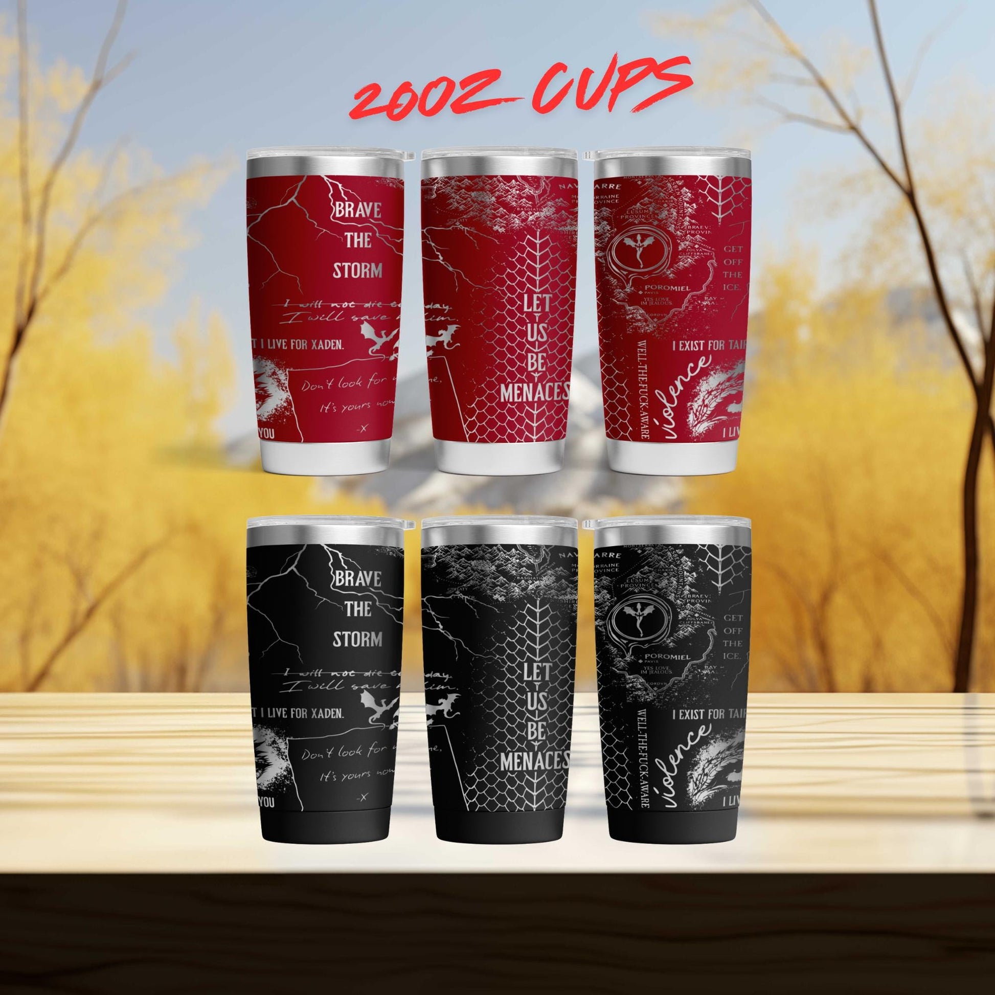 a group of four cups sitting on top of a wooden table