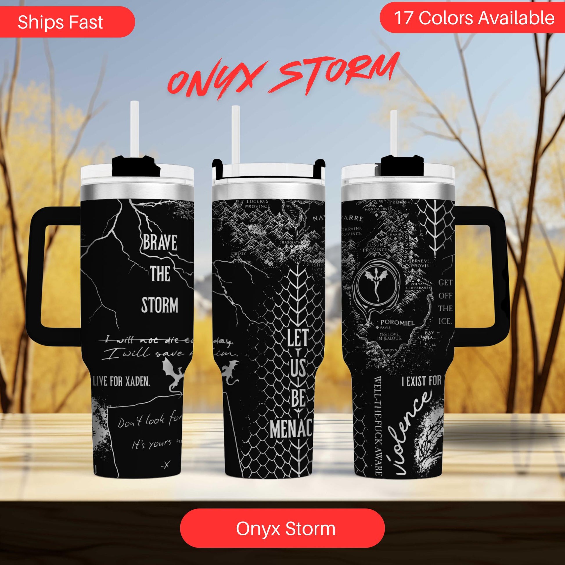 three travel mugs with different designs on them