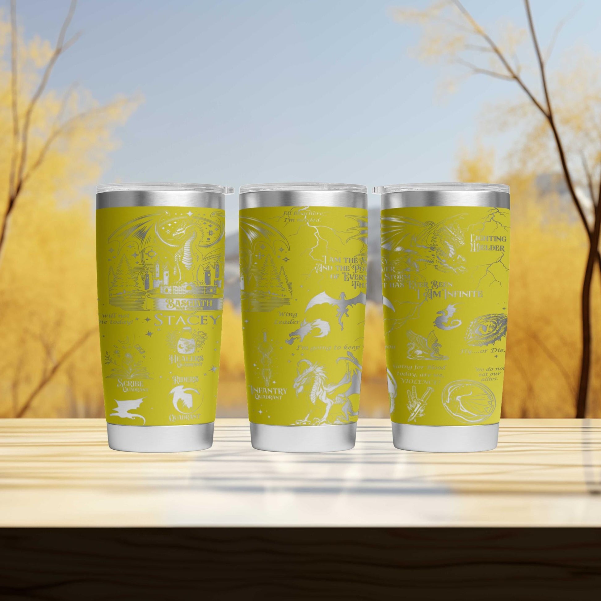 three green cups sitting on top of a wooden table