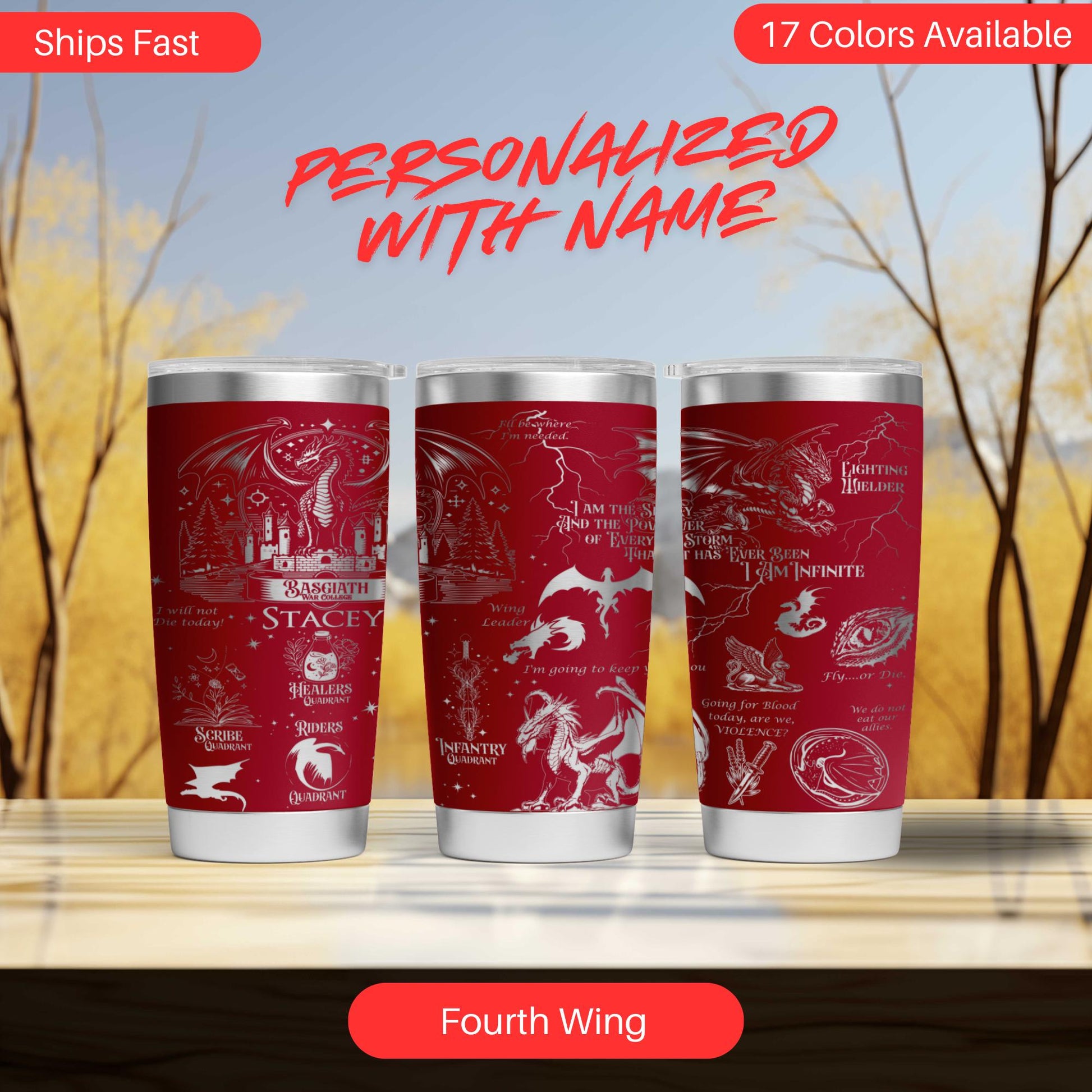 three red tumblers sitting on top of a table