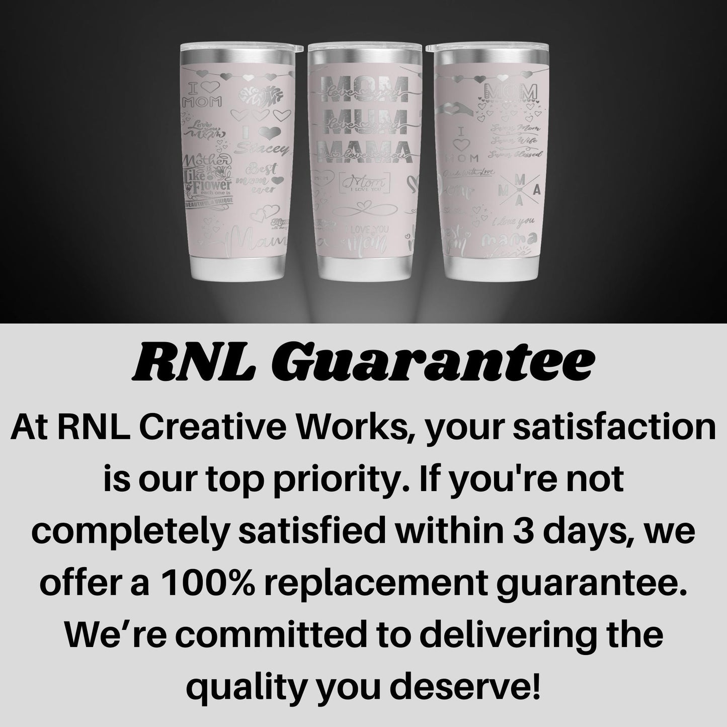 three white cups with black writing on them