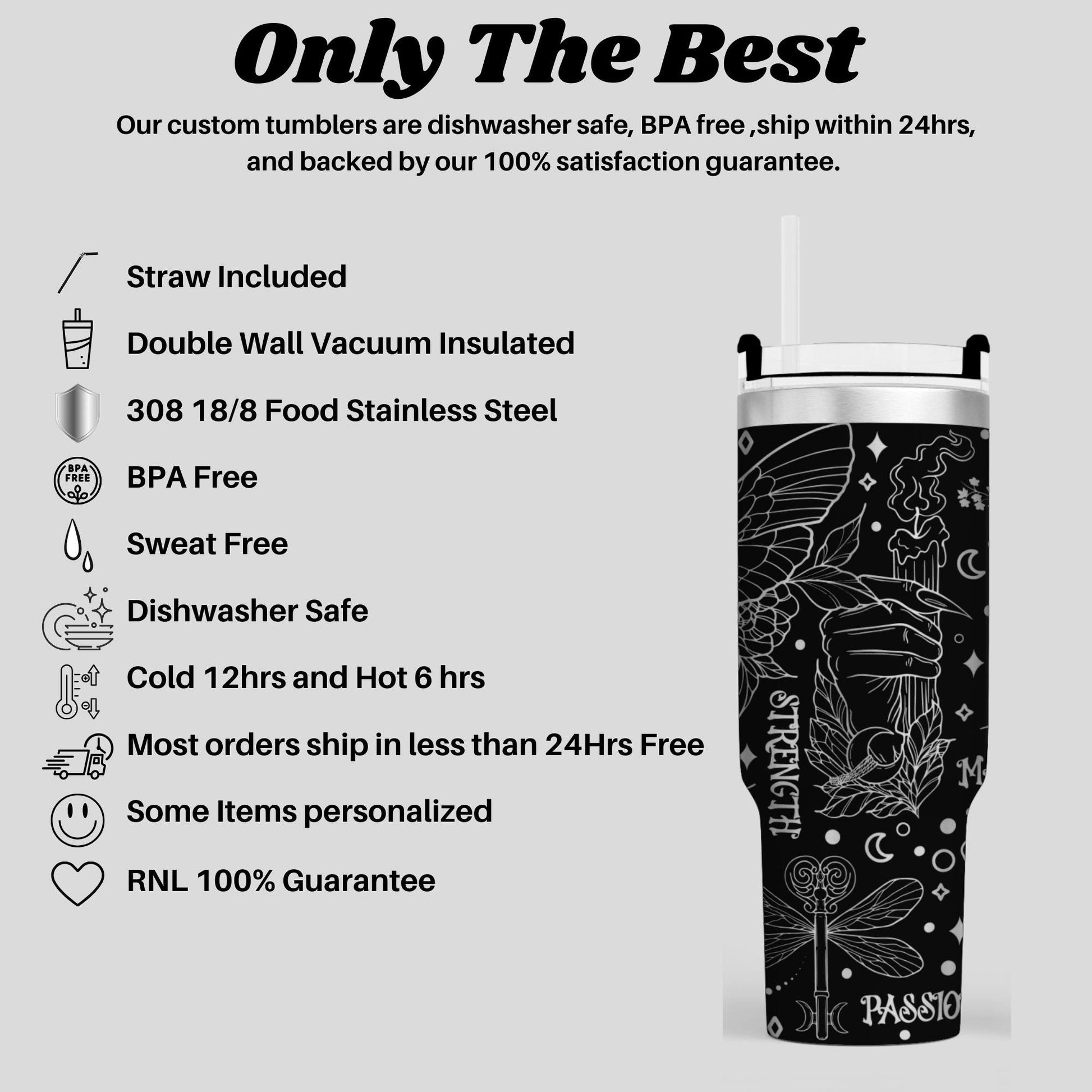 a black and white image of a cup with the words, only the best