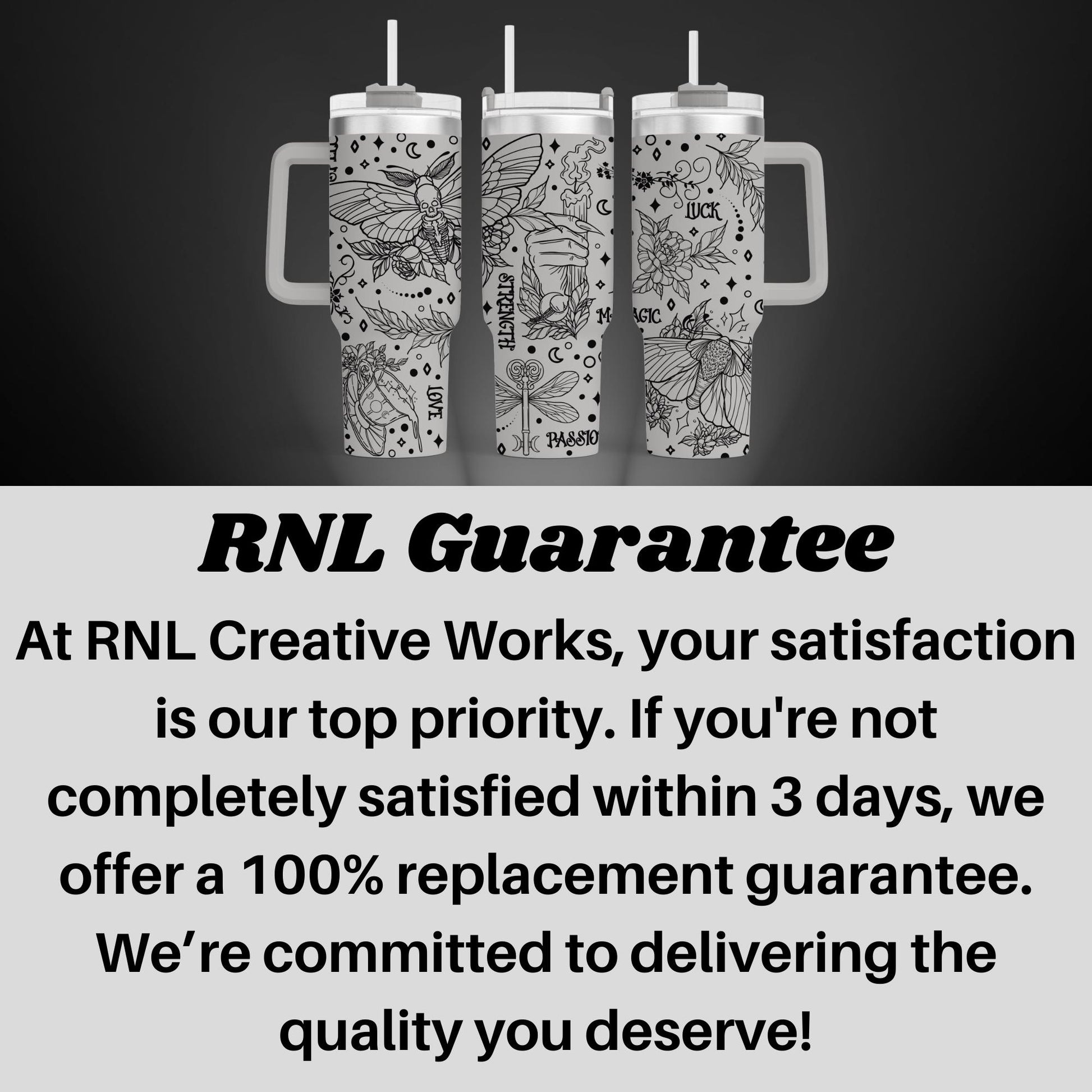 three tumblers with the words rni guarantee on them