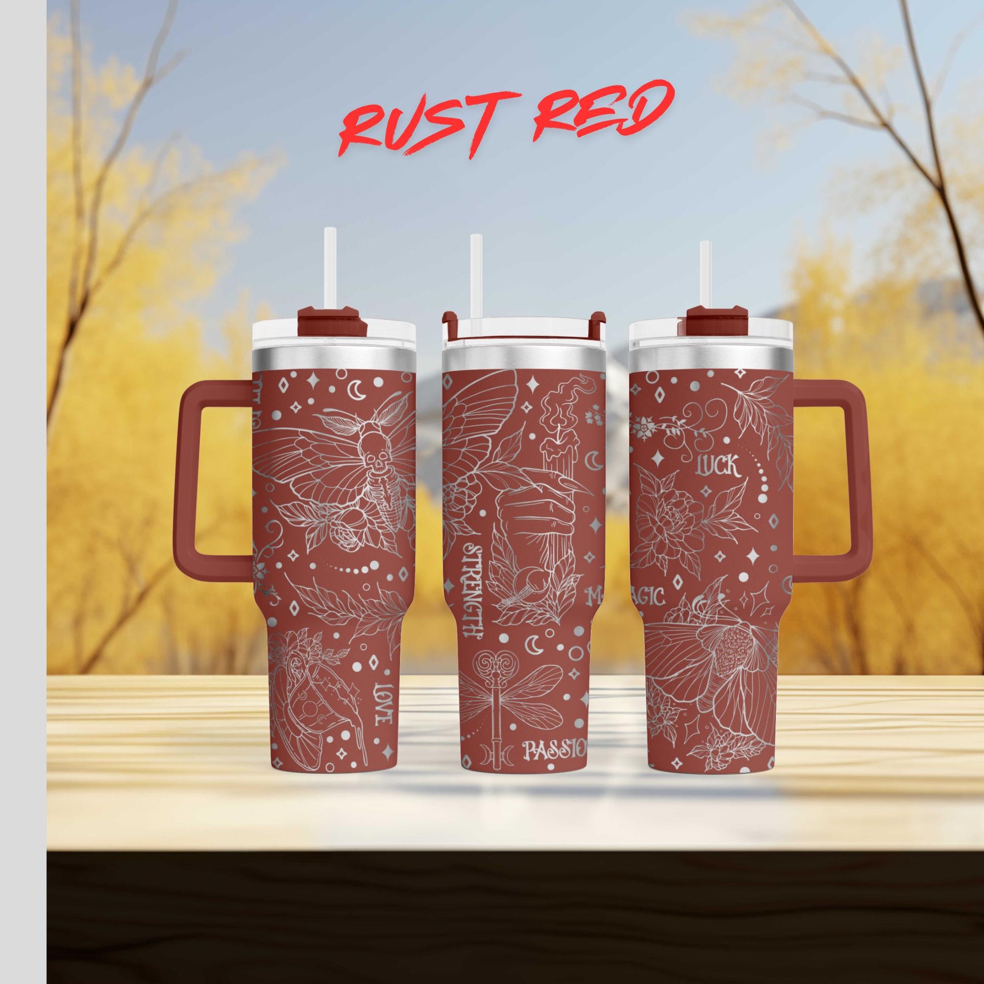 a couple of red cups sitting on top of a wooden table