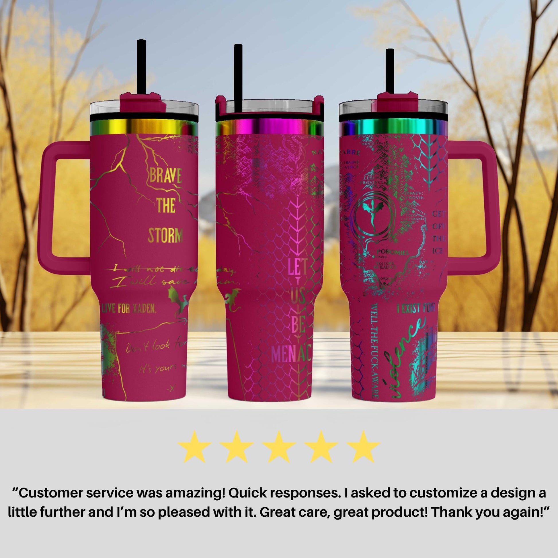 a set of three travel mugs sitting on top of a table