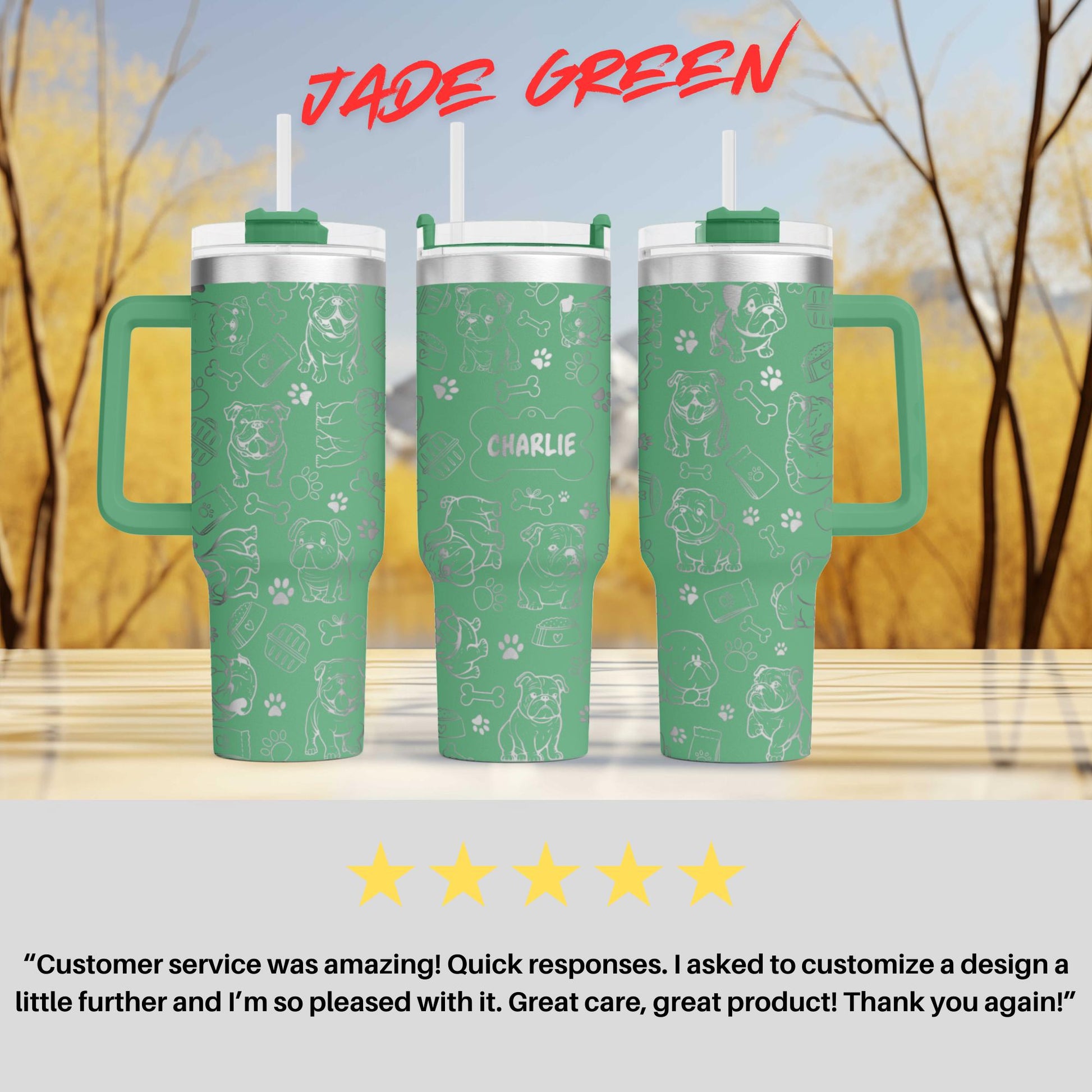 three green travel mugs sitting on top of a table