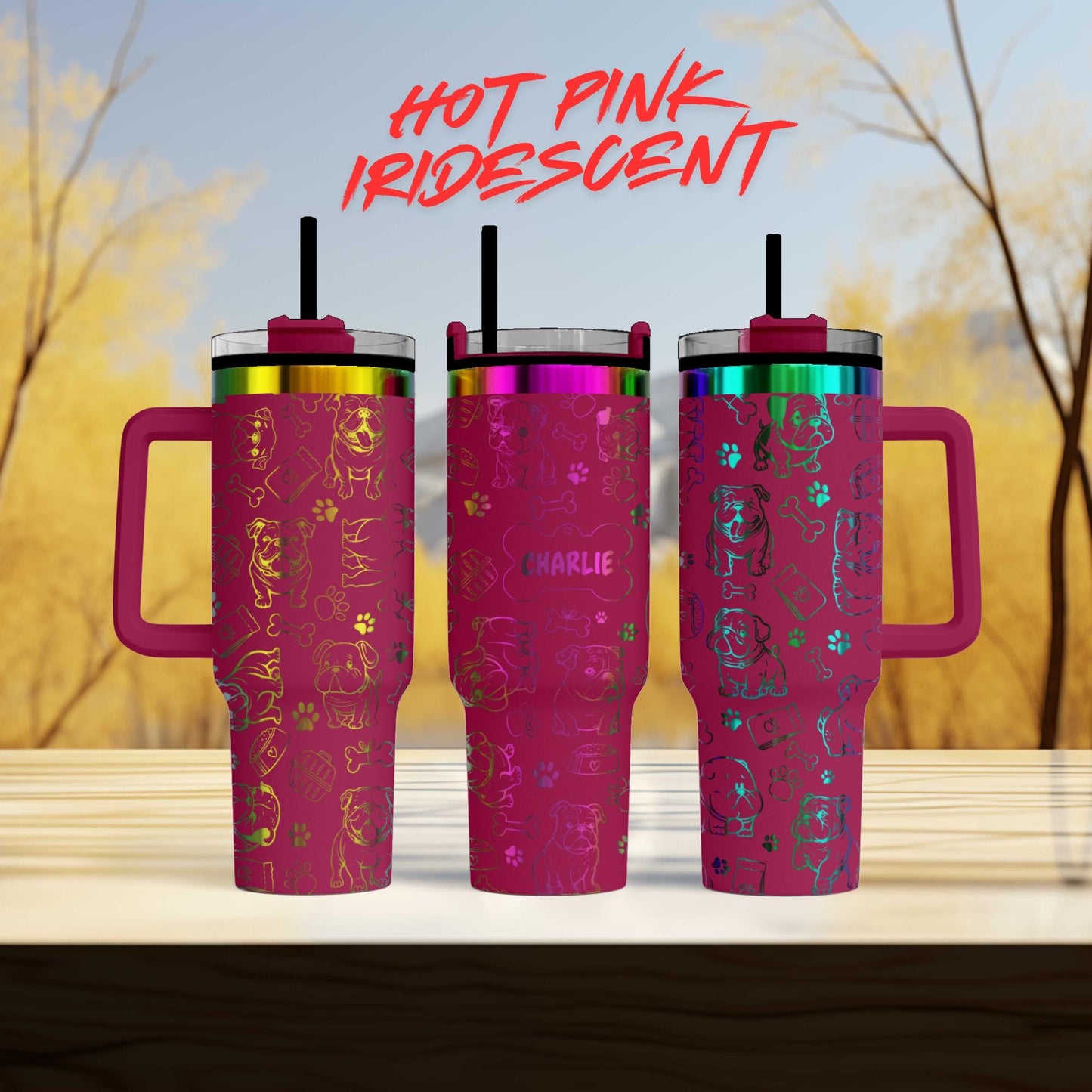 three pink tumblers sitting next to each other on a table