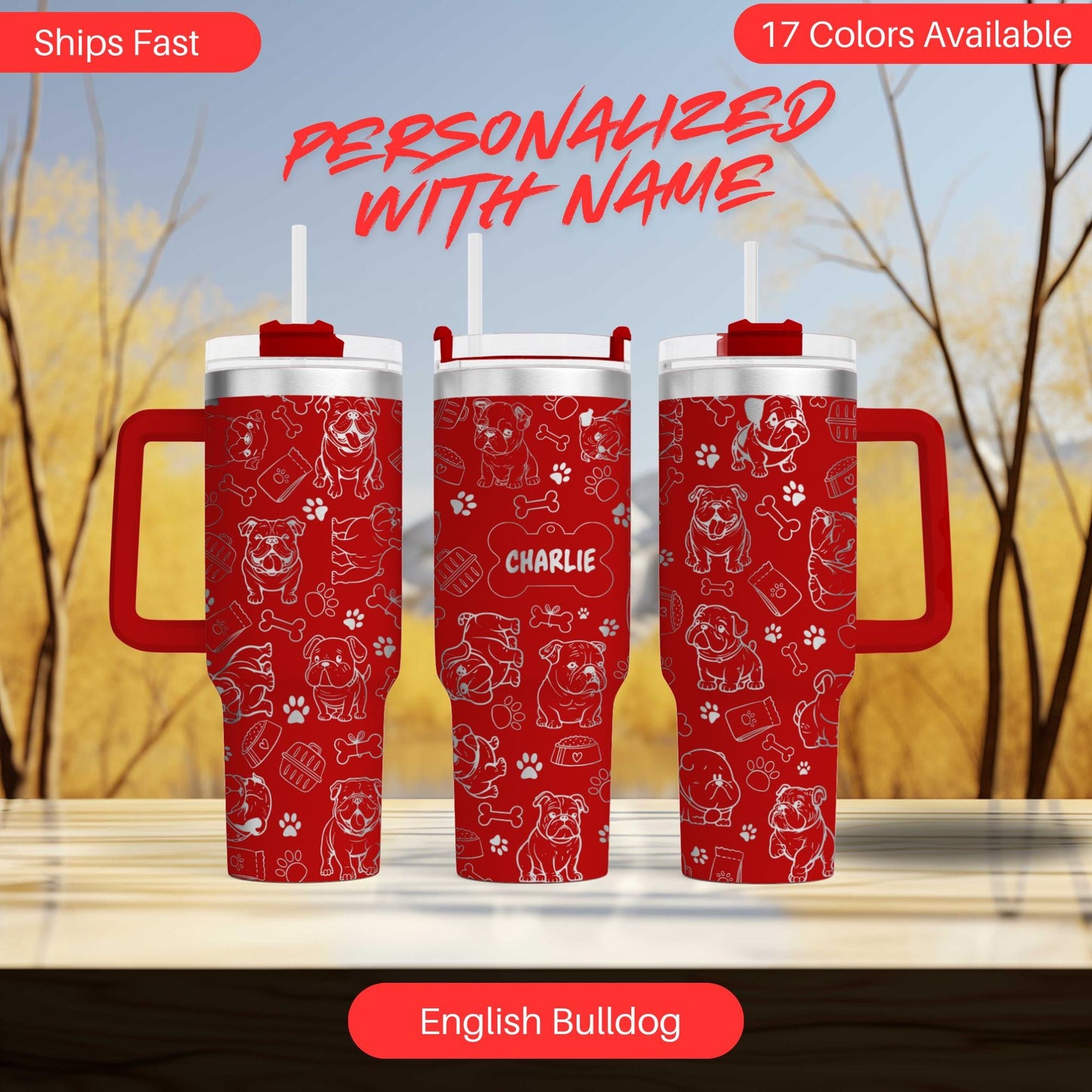 three personalized tumblers with a red background