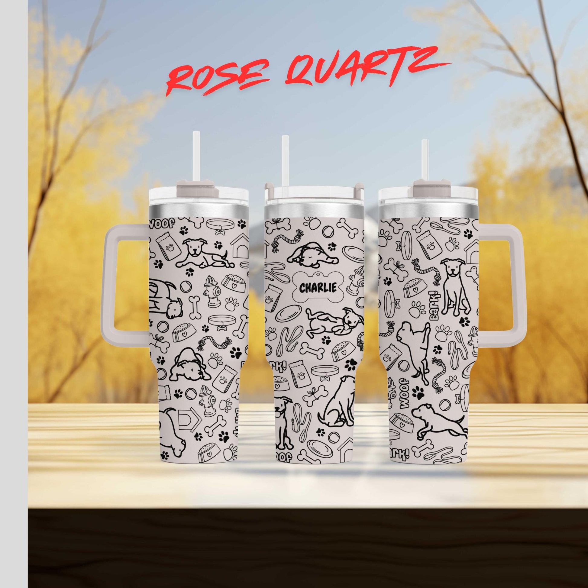 three coffee mugs sitting on top of a wooden table