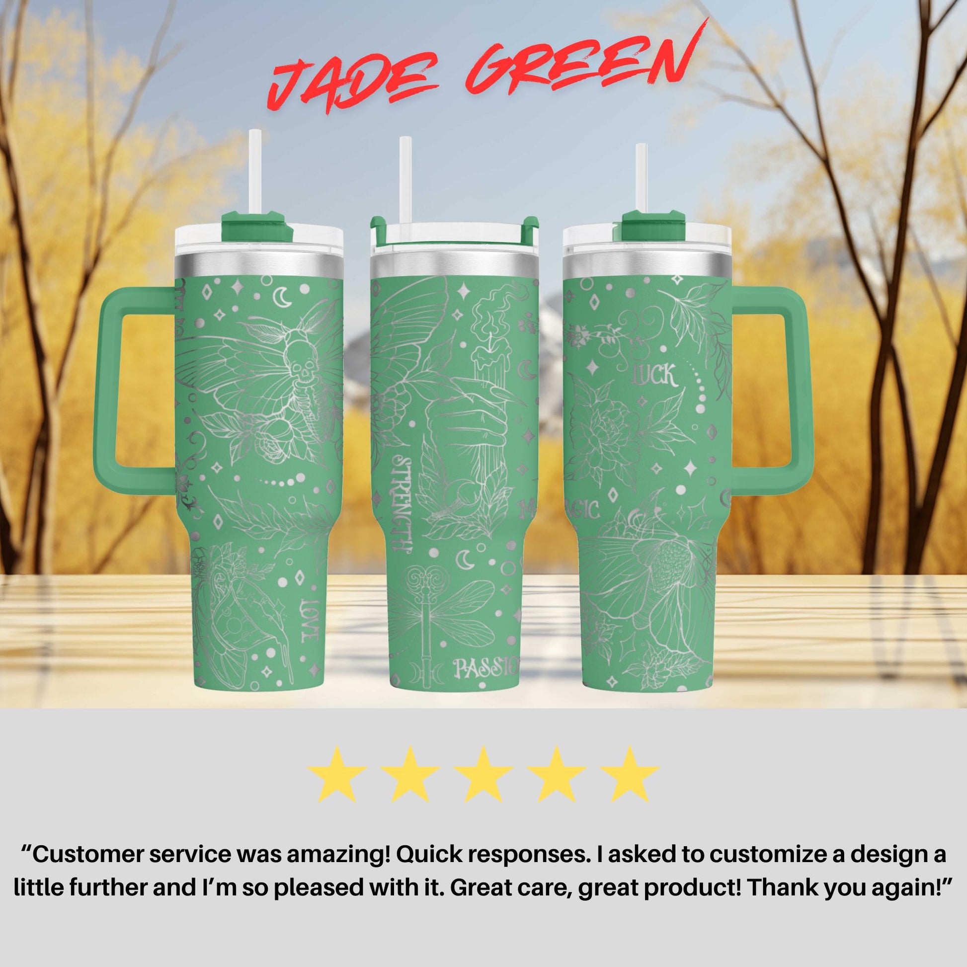 three green tumblers sitting next to each other on a table