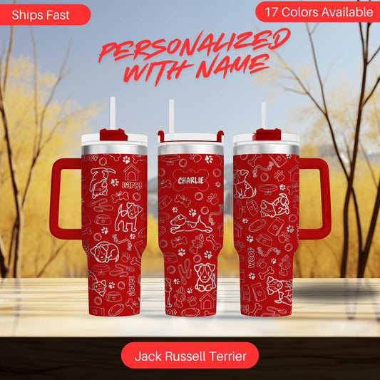 three red tumblers with white writing on them