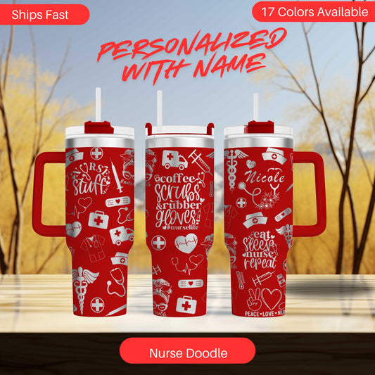 three personalized travel mugs with matching handles