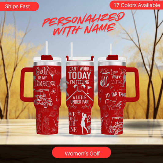 three red travel mugs with white writing on them