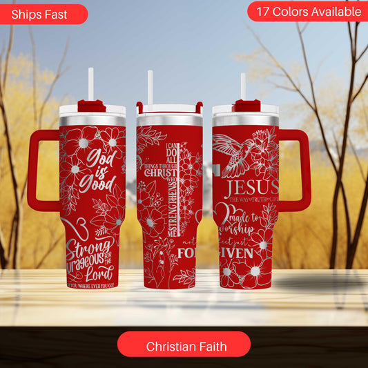 three red travel mugs sitting on top of a table