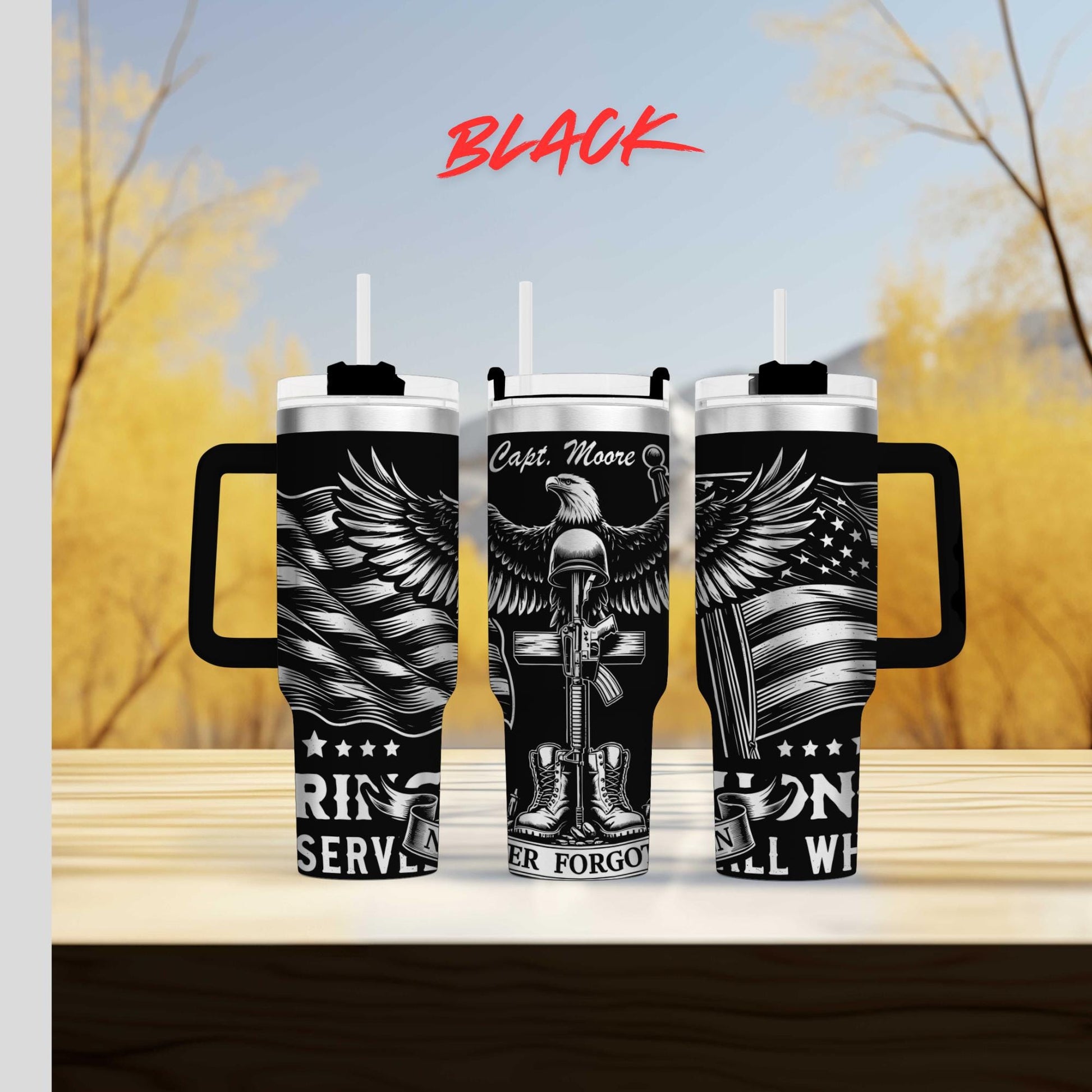 a set of two black travel mugs with american flags and an eagle